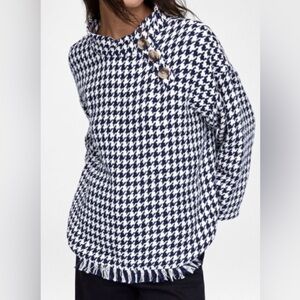 ZARA Blue & White Houndstooth High Neck Top Blouse tassel sweater longsleeve